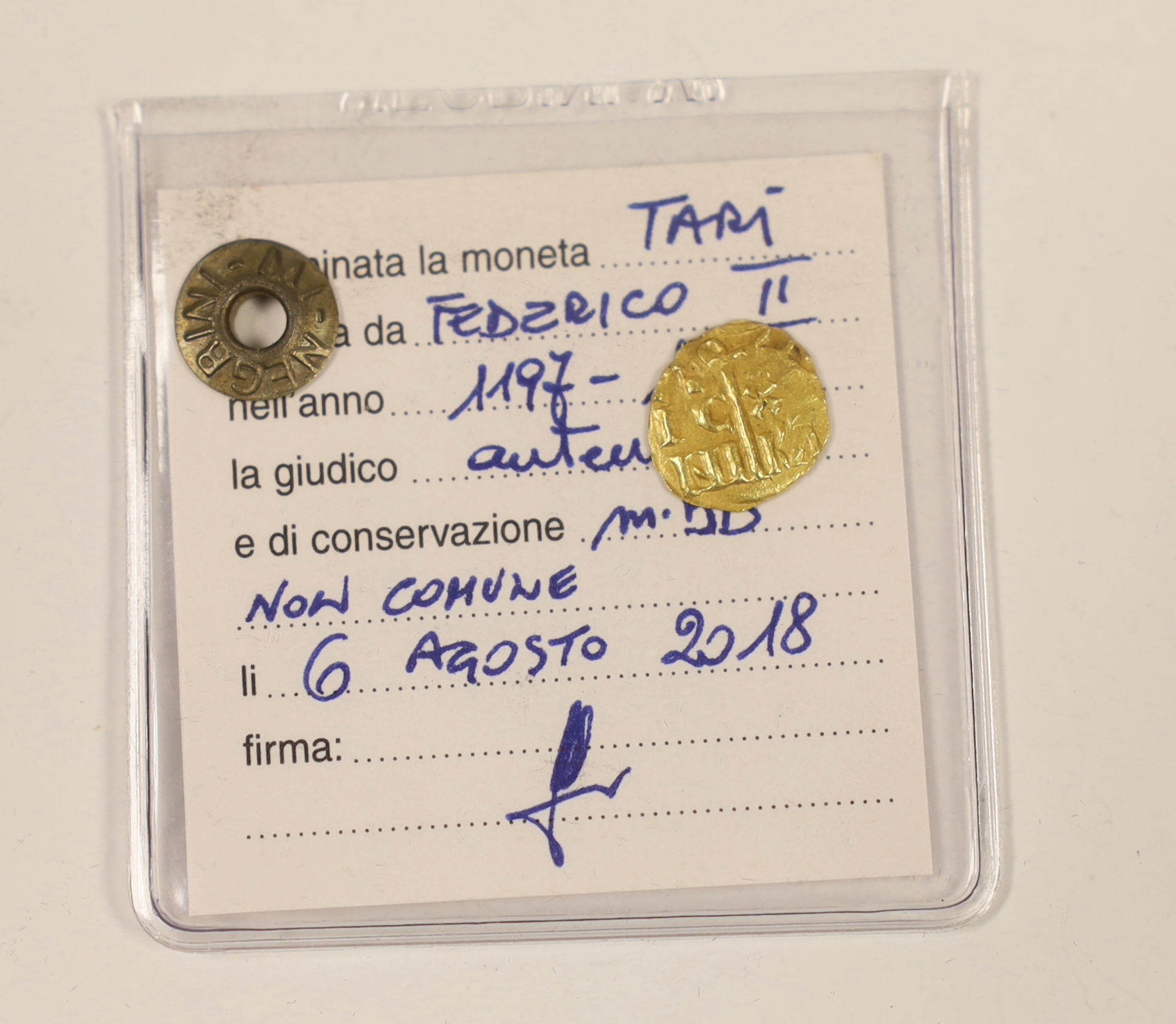 Italy coins, Kingdom of Sicily, Frederick II of Hohenstaufen (1197-1250), gold tari coin, 11mm, approx. 0.71g.
